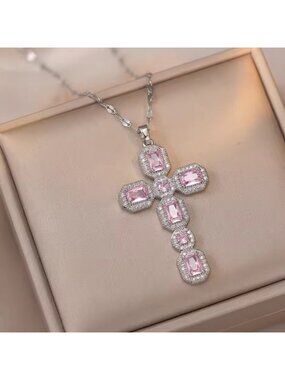 Silver Pink Diamond Cross Necklace